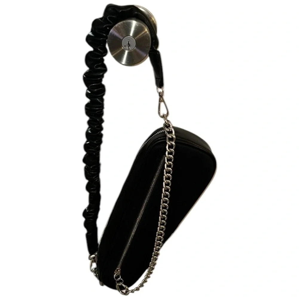 AKIRA Black Asymmetrical Chained Ruffle Shoulder Bag - Picture 7 of 12
